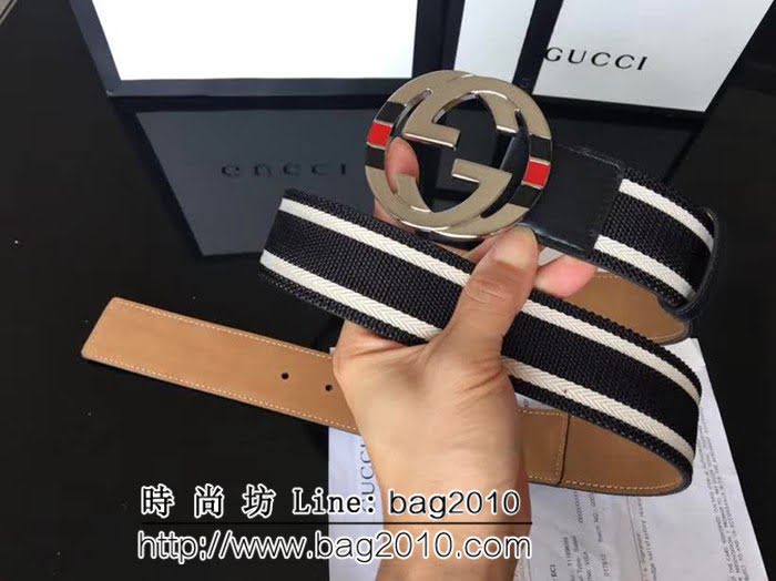 古馳CUCCI 雙條紋黑白織布頭層牛皮接頭尾 配純銅扣 百搭休閒款男士皮帶 GHG1186
